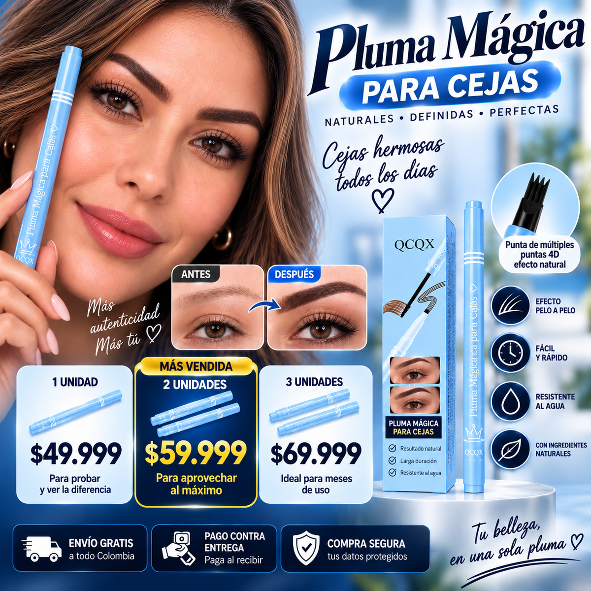 🪄🌸 Pluma Mágica para Cejas Tono Café Medio — Crea trazos naturales fácilmente✨
